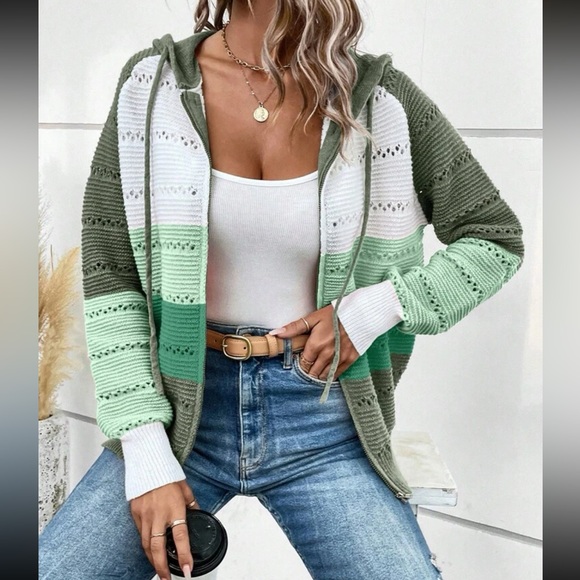 Boho color block zip up drawstring hooded knit sweater - Picture 5 of 5